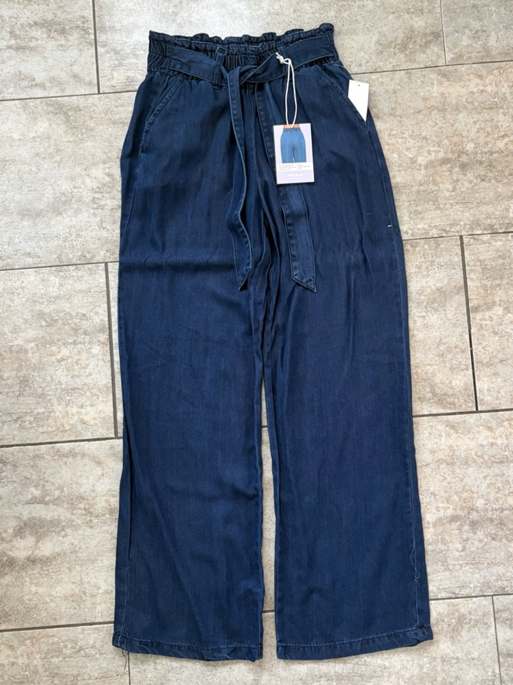 High Waist Paperbag Tie-Waist Wide Leg Denim Pants